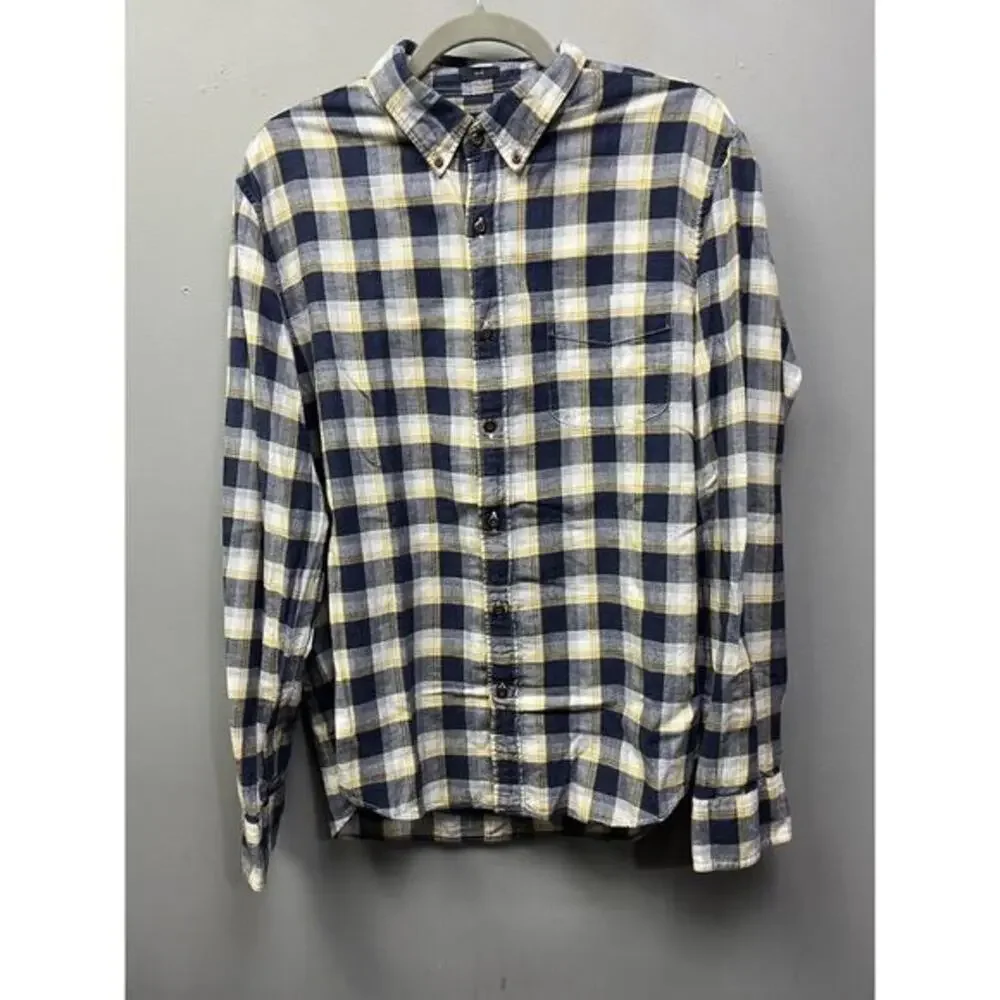 J Crew Shirt‎ Mens Large Homespun Slim Fit Blue Yellow Plaid Long Sleeve Cotton